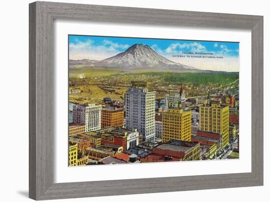 Tacoma Downtown with Mt. Rainier - Tacoma, WA-Lantern Press-Framed Art Print