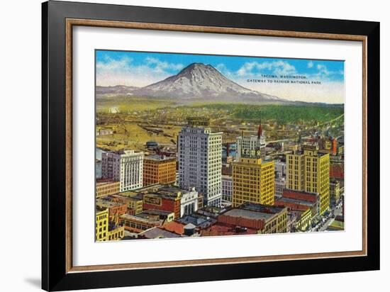 Tacoma Downtown with Mt. Rainier - Tacoma, WA-Lantern Press-Framed Art Print