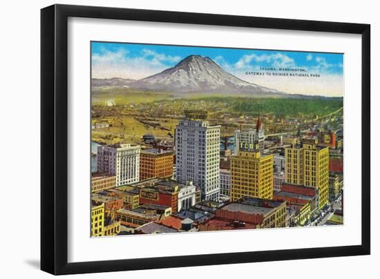 Tacoma Downtown with Mt. Rainier - Tacoma, WA-Lantern Press-Framed Art Print