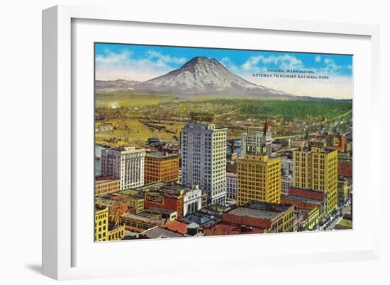 Tacoma Downtown with Mt. Rainier - Tacoma, WA-Lantern Press-Framed Art Print