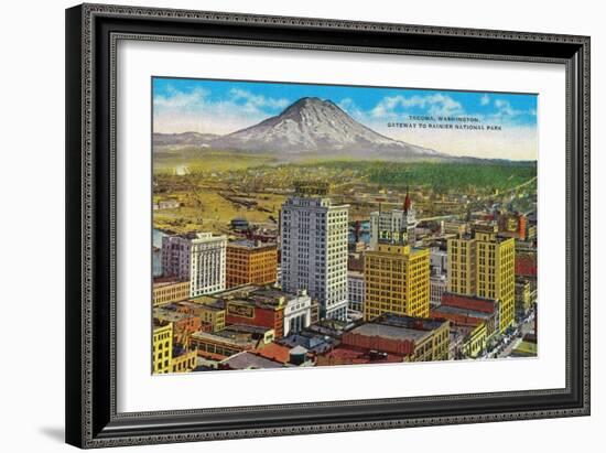 Tacoma Downtown with Mt. Rainier - Tacoma, WA-Lantern Press-Framed Art Print