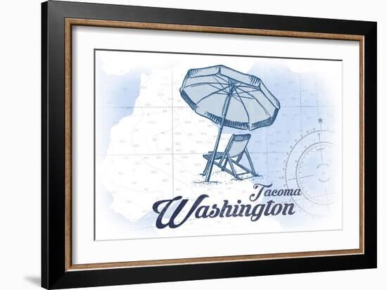 Tacoma, Washington - Beach Chair and Umbrella - Blue - Coastal Icon-Lantern Press-Framed Art Print