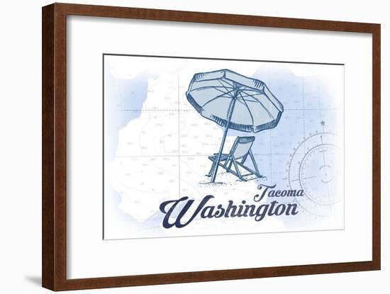Tacoma, Washington - Beach Chair and Umbrella - Blue - Coastal Icon-Lantern Press-Framed Art Print