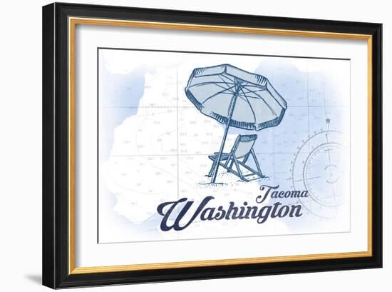 Tacoma, Washington - Beach Chair and Umbrella - Blue - Coastal Icon-Lantern Press-Framed Art Print