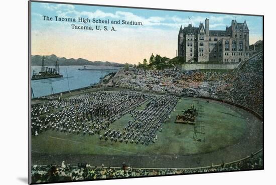 Tacoma, Washington, Exterior View of High School and Stadium, Flag Formation-Lantern Press-Mounted Art Print