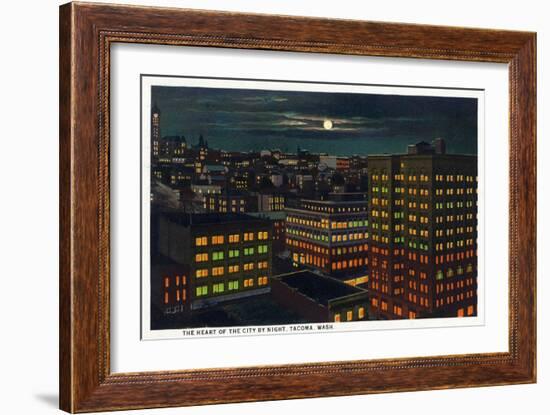 Tacoma, Washington, Heart of the City View at Night-Lantern Press-Framed Premium Giclee Print