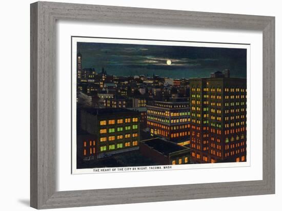 Tacoma, Washington, Heart of the City View at Night-Lantern Press-Framed Art Print