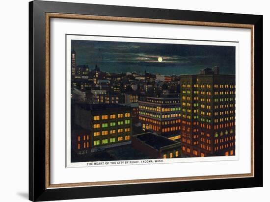 Tacoma, Washington, Heart of the City View at Night-Lantern Press-Framed Art Print