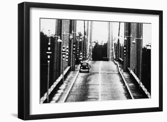 Tacoma, Washington - November 7, 1940 - Tacoma Narrows Bridge - Car on Bridge-Lantern Press-Framed Art Print