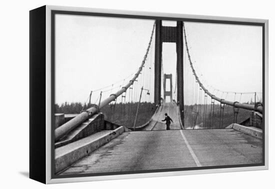 Tacoma, Washington - November 7, 1940 - Tacoma Narrows Bridge - Man on Bridge-Lantern Press-Framed Stretched Canvas