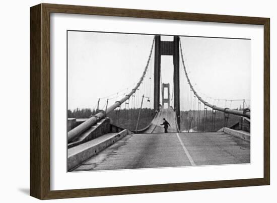 Tacoma, Washington - November 7, 1940 - Tacoma Narrows Bridge - Man on Bridge-Lantern Press-Framed Premium Giclee Print