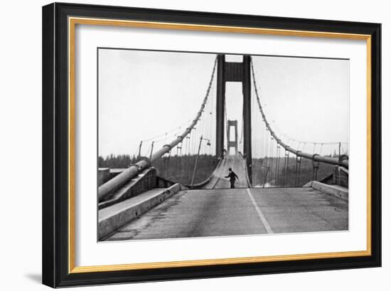 Tacoma, Washington - November 7, 1940 - Tacoma Narrows Bridge - Man on Bridge-Lantern Press-Framed Premium Giclee Print