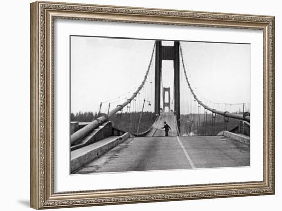 Tacoma, Washington - November 7, 1940 - Tacoma Narrows Bridge - Man on Bridge-Lantern Press-Framed Art Print