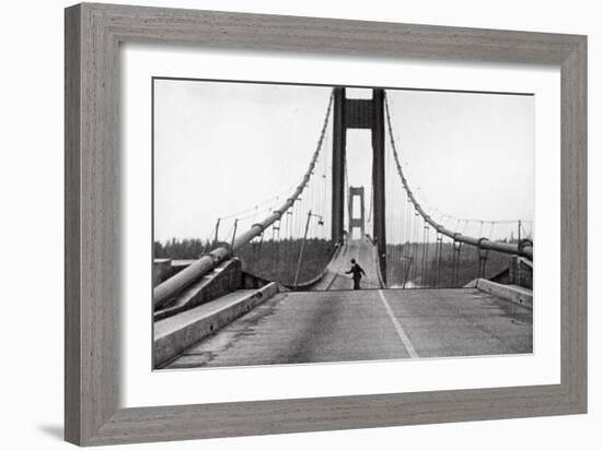 Tacoma, Washington - November 7, 1940 - Tacoma Narrows Bridge - Man on Bridge-Lantern Press-Framed Art Print