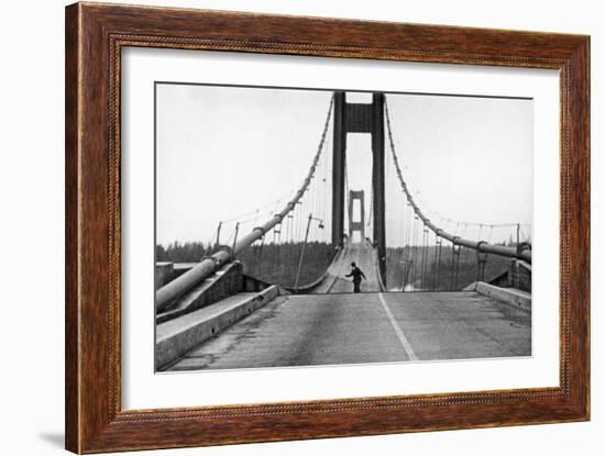 Tacoma, Washington - November 7, 1940 - Tacoma Narrows Bridge - Man on Bridge-Lantern Press-Framed Art Print