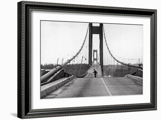 Tacoma, Washington - November 7, 1940 - Tacoma Narrows Bridge - Man on Bridge-Lantern Press-Framed Art Print