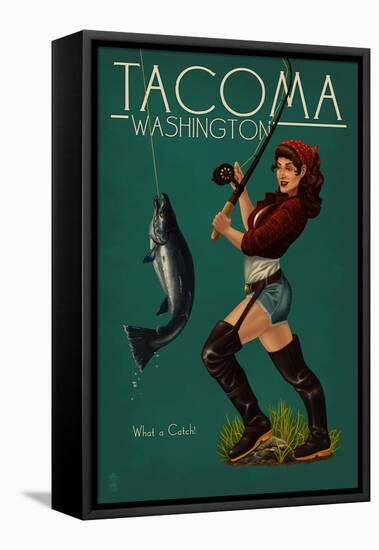 Tacoma, Washington - Pinup Girl Fishing-Lantern Press-Framed Stretched Canvas