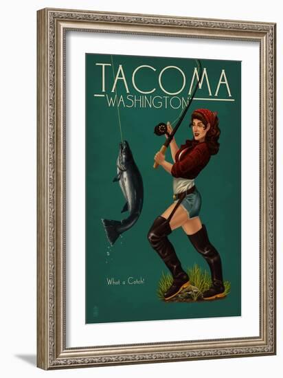 Tacoma, Washington - Pinup Girl Fishing-Lantern Press-Framed Art Print