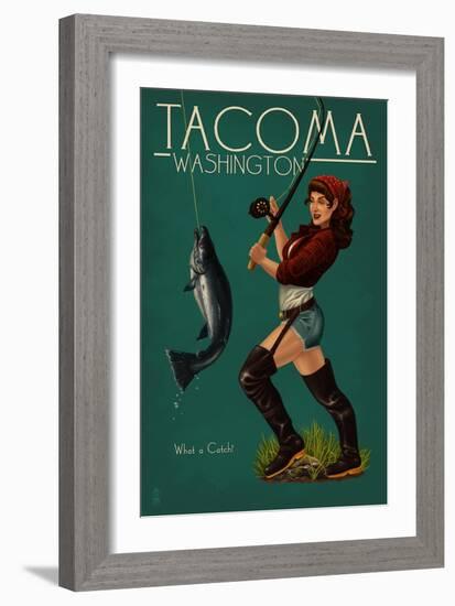 Tacoma, Washington - Pinup Girl Fishing-Lantern Press-Framed Art Print