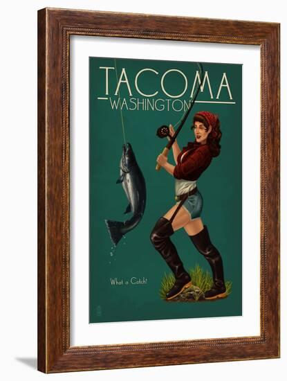 Tacoma, Washington - Pinup Girl Fishing-Lantern Press-Framed Art Print