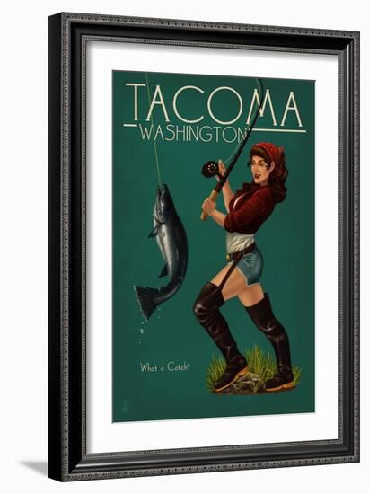 Tacoma, Washington - Pinup Girl Fishing-Lantern Press-Framed Art Print