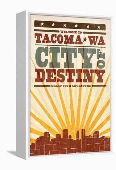 Tacoma, Washington - Skyline and Sunburst Screenprint Style-Lantern Press-Framed Stretched Canvas