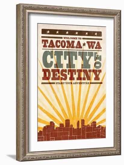 Tacoma, Washington - Skyline and Sunburst Screenprint Style-Lantern Press-Framed Art Print