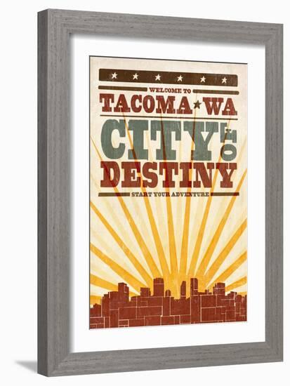 Tacoma, Washington - Skyline and Sunburst Screenprint Style-Lantern Press-Framed Art Print