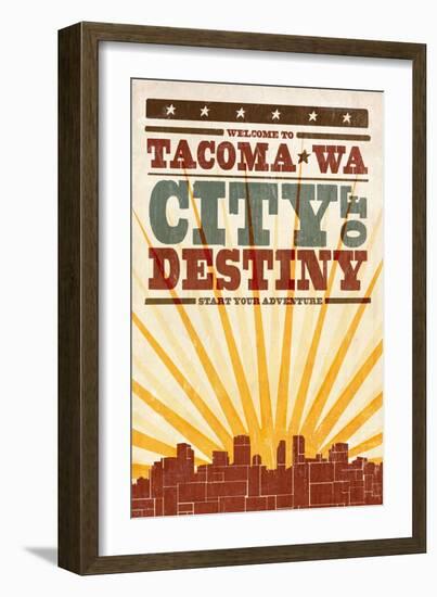 Tacoma, Washington - Skyline and Sunburst Screenprint Style-Lantern Press-Framed Art Print