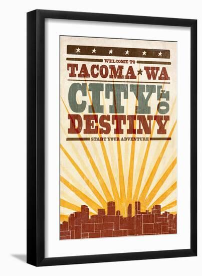 Tacoma, Washington - Skyline and Sunburst Screenprint Style-Lantern Press-Framed Art Print