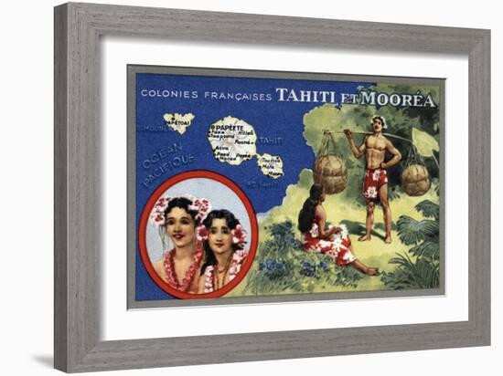 Tahiti - Map of the Island and Moorea Island, Natives Wearing Lais-Lantern Press-Framed Art Print