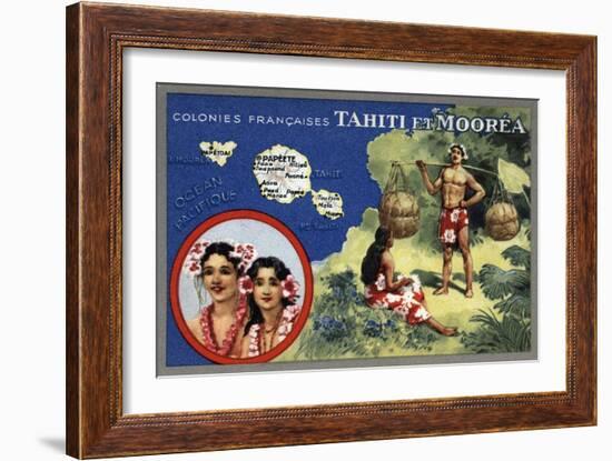 Tahiti - Map of the Island and Moorea Island, Natives Wearing Lais-Lantern Press-Framed Art Print