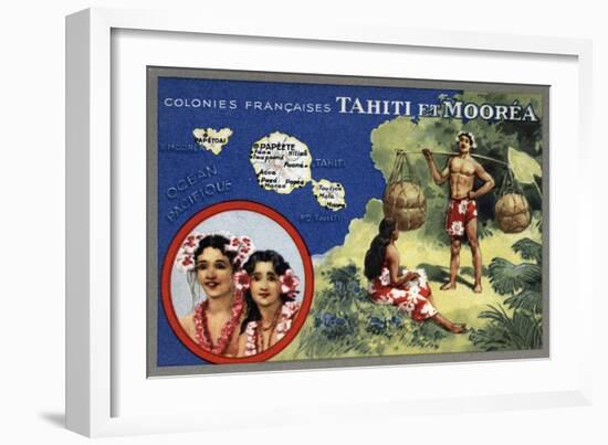 Tahiti - Map of the Island and Moorea Island, Natives Wearing Lais-Lantern Press-Framed Art Print