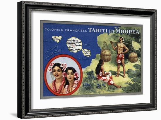 Tahiti - Map of the Island and Moorea Island, Natives Wearing Lais-Lantern Press-Framed Art Print