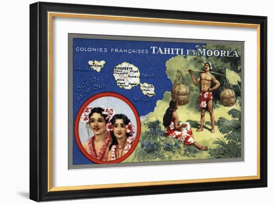 Tahiti - Map of the Island and Moorea Island, Natives Wearing Lais-Lantern Press-Framed Art Print