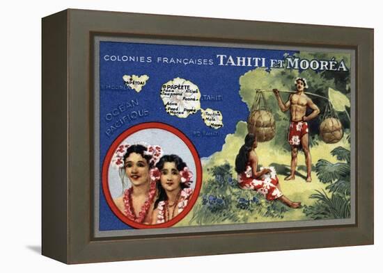 Tahiti - Map of the Island and Moorea Island, Natives Wearing Lais-Lantern Press-Framed Stretched Canvas