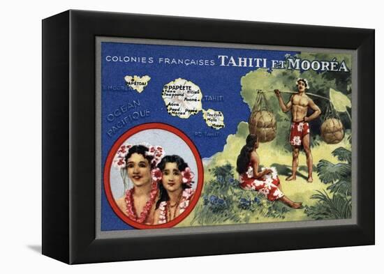 Tahiti - Map of the Island and Moorea Island, Natives Wearing Lais-Lantern Press-Framed Stretched Canvas
