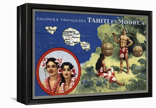 Tahiti - Map of the Island and Moorea Island, Natives Wearing Lais-Lantern Press-Framed Stretched Canvas