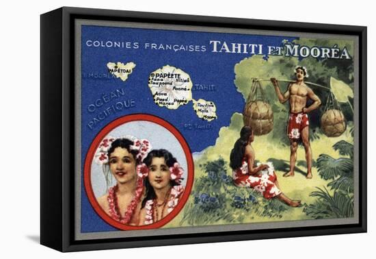 Tahiti - Map of the Island and Moorea Island, Natives Wearing Lais-Lantern Press-Framed Stretched Canvas