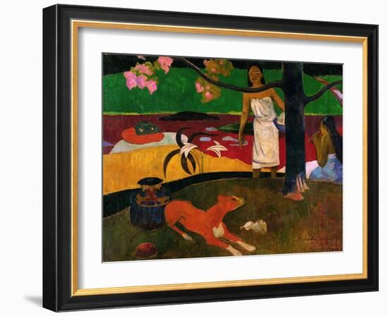 Tahitian Idyll, Two Women in Idyllic Scenery with Orange Dog, 1892-Paul Gauguin-Framed Giclee Print