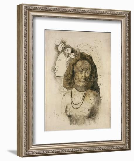 Tahitian Woman with Evil Spirit (L'Esprit Veill)-Paul Gauguin-Framed Giclee Print