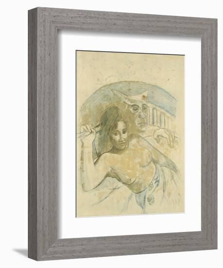 Tahitian Woman with Evil Spirit-Paul Gauguin-Framed Giclee Print