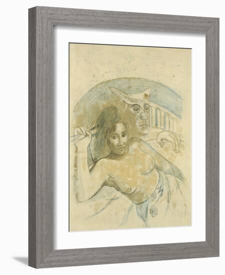 Tahitian Woman with Evil Spirit-Paul Gauguin-Framed Giclee Print