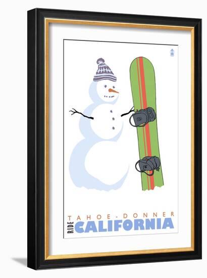 Tahoe-Donner, California, Snowman with Snowboard-Lantern Press-Framed Art Print