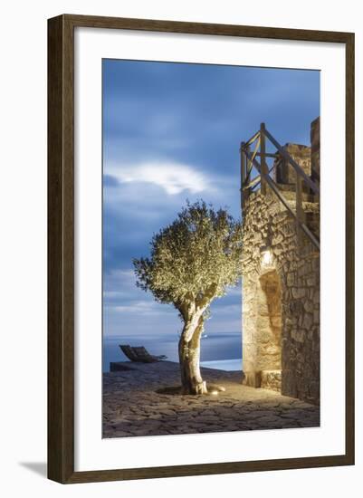 Tainaron Blue Retreat in Mani, Greece. Exterior View of an Alcove in a Stone Wall and a Tree-George Meitner-Framed Photographic Print