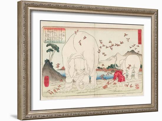 Taishun Hoeing a Field with the Help of Elephants and a Flock of Sparrows, Signed Ichiyusai Kuniyos-Utagawa Kuniyoshi-Framed Giclee Print