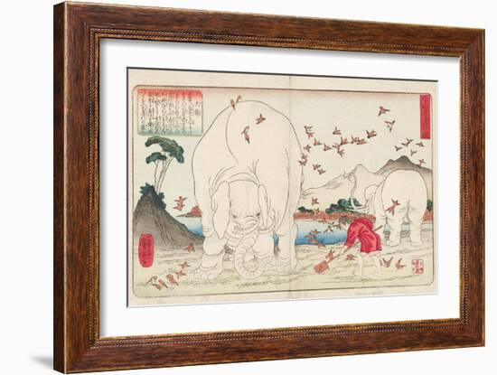 Taishun Hoeing a Field with the Help of Elephants and a Flock of Sparrows, Signed Ichiyusai Kuniyos-Utagawa Kuniyoshi-Framed Giclee Print