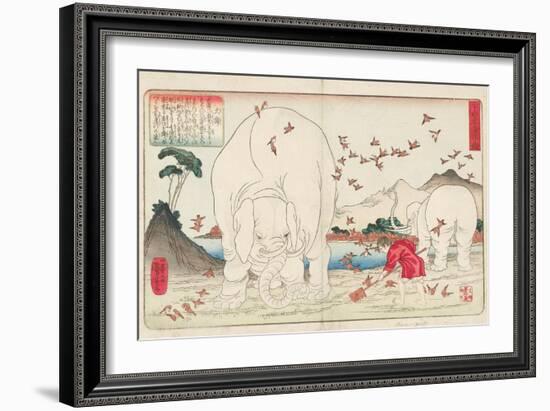 Taishun Hoeing a Field with the Help of Elephants and a Flock of Sparrows, Signed Ichiyusai Kuniyos-Utagawa Kuniyoshi-Framed Giclee Print