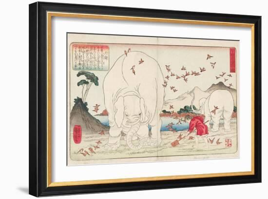 Taishun Hoeing a Field with the Help of Elephants and a Flock of Sparrows, Signed Ichiyusai Kuniyos-Utagawa Kuniyoshi-Framed Giclee Print