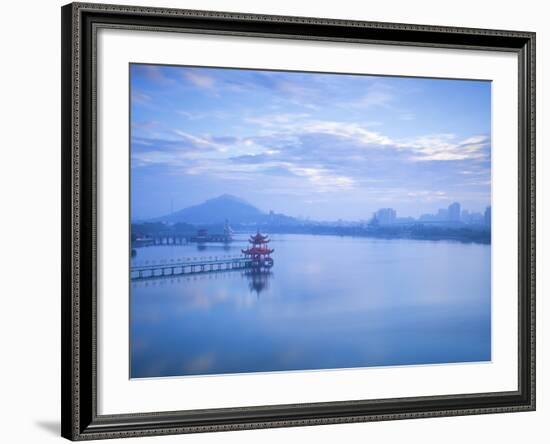 Taiwan, Kaohsiung, Lotus Pond, View of Bridge Leading to Spring and Autumn Pagodas with Statue of S-Jane Sweeney-Framed Photographic Print